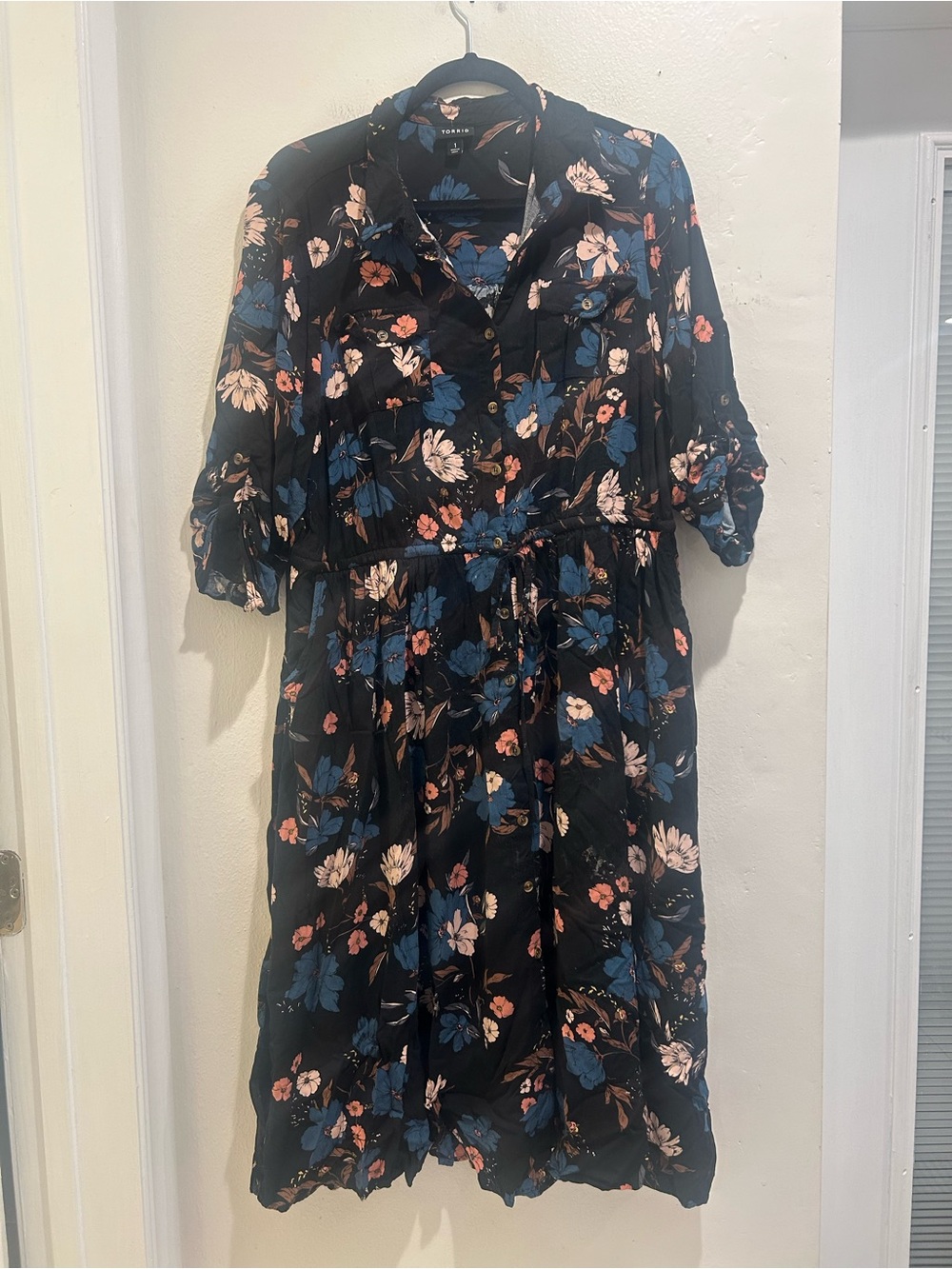 Torrid Black Floral Button-Front Midi Dress with Blue & Pink Blooms